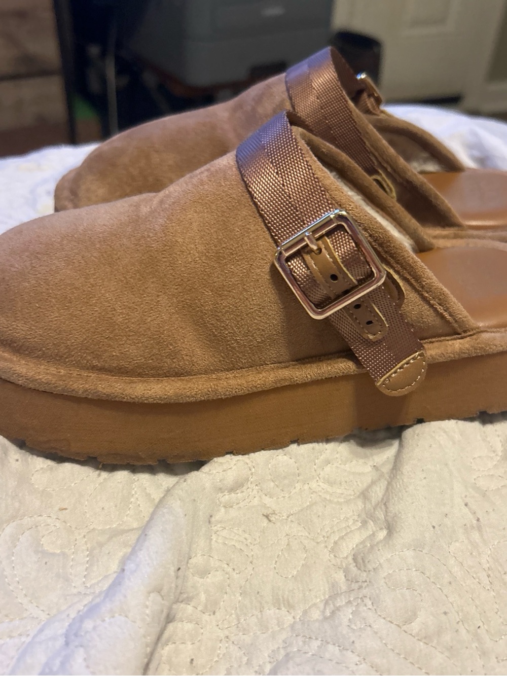 Madden NYC girls Suede Buckle Mule Slides in Camel Brown